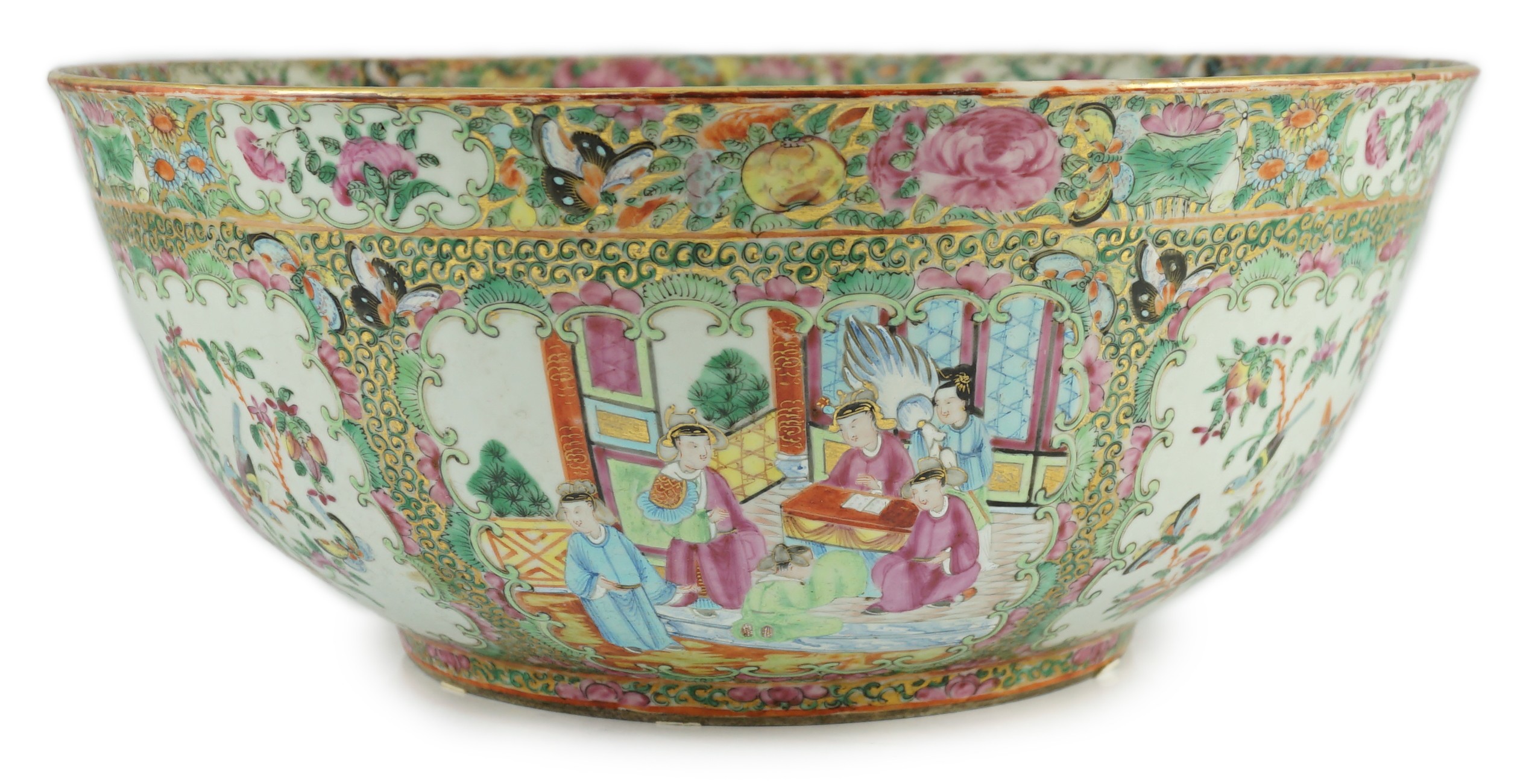 A large Chinese Canton (Guangzhou) decorated famille rose bowl, c.1830-50, 39.2cm diameter